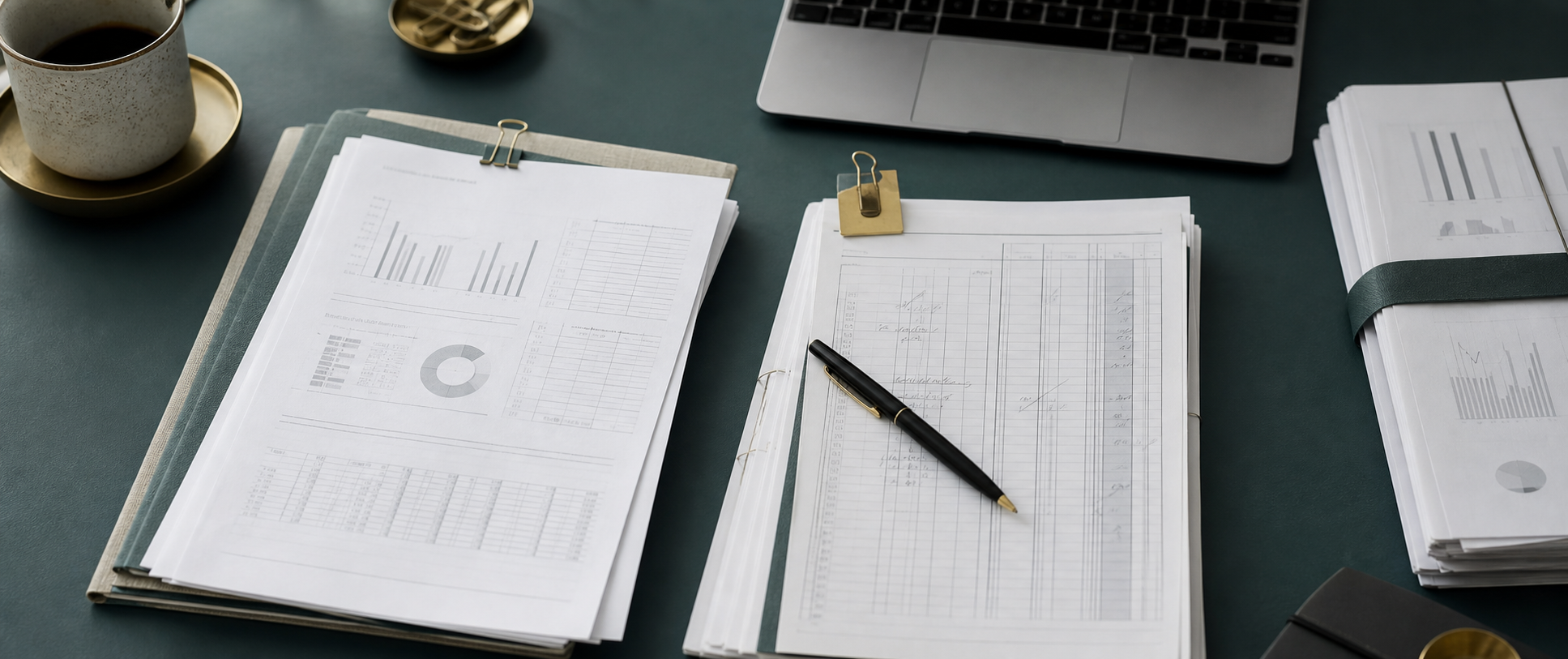 Accounting papers and notes arranged on a desk